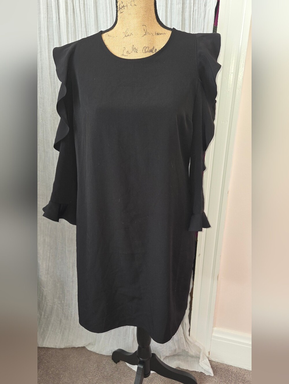 Express Black Long-Sleeve Ruffle Shift Dress